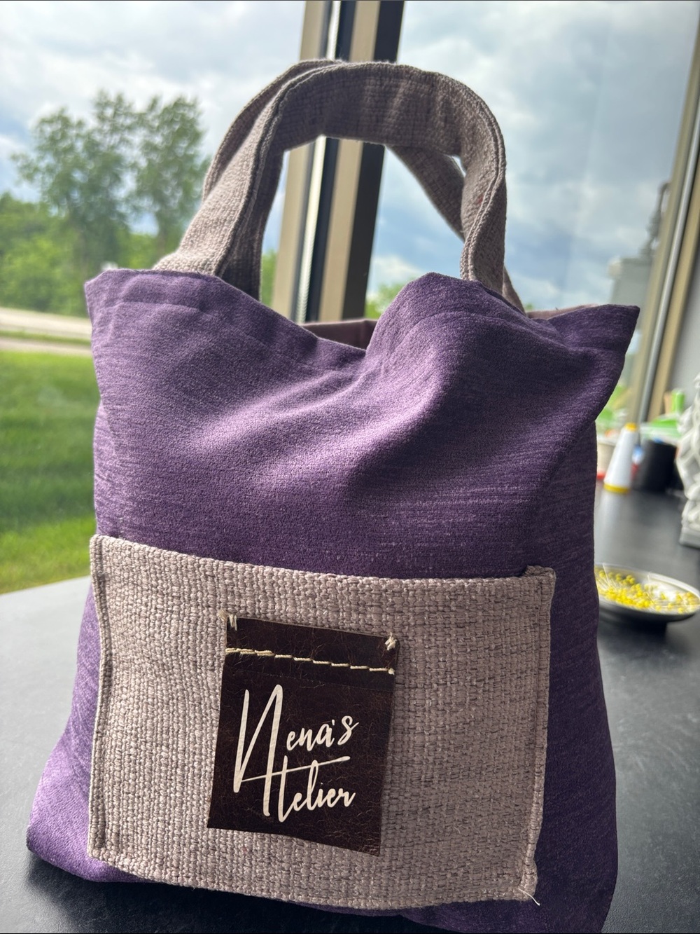 Purple Tote with Taupe Pocket